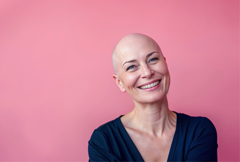 Portrait d'une femme souriante qui laisse un message à ses proches pendant octobre rose.