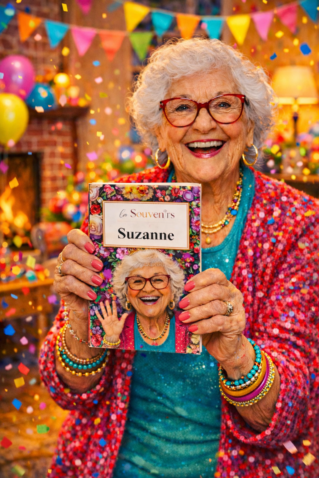 Grand-mère heureuse d'avoir un livre personnalisé qui raconte son histoire. 