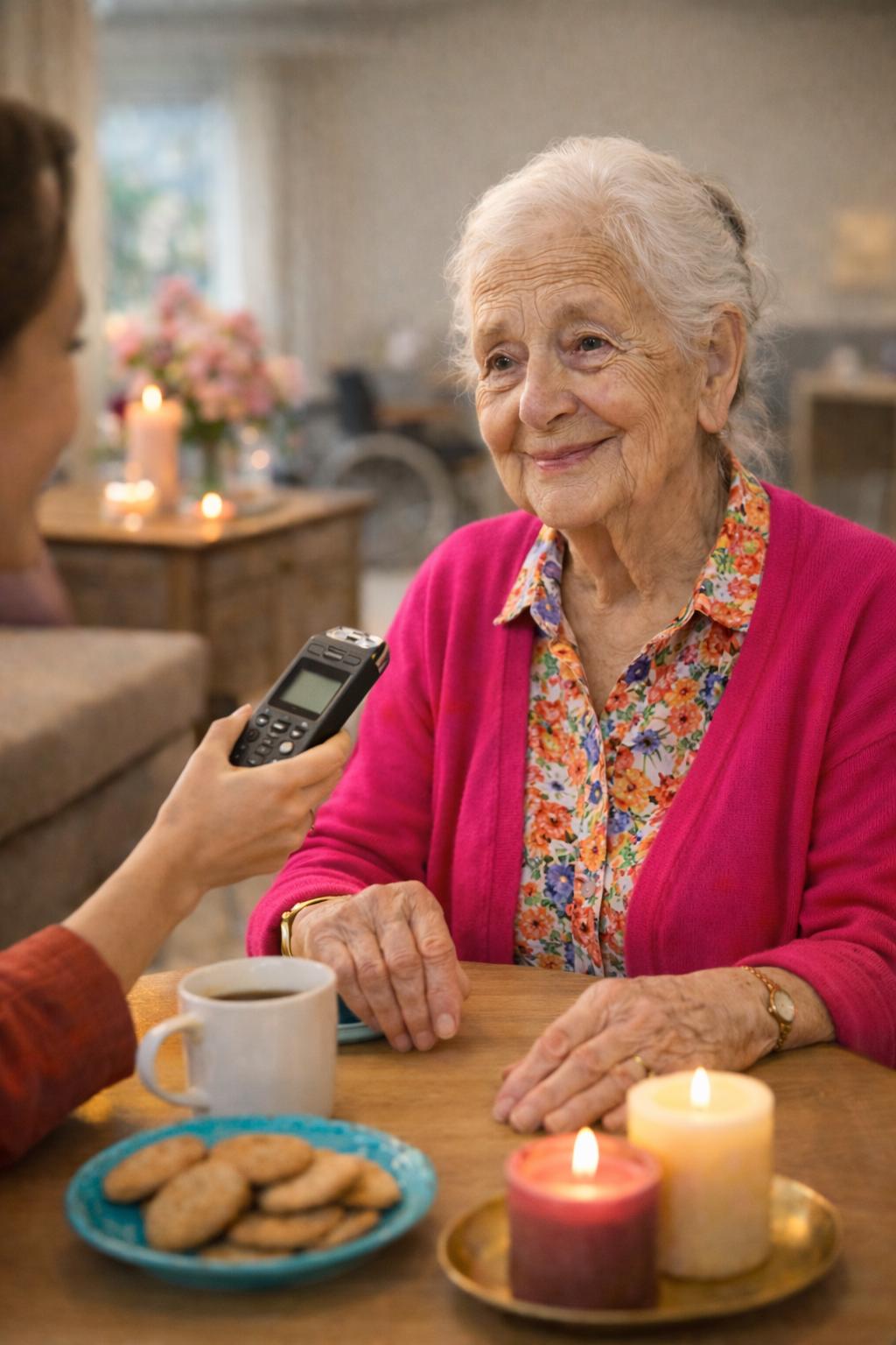 Une résidente d'EHPAD en pleine activité de transmission, à Figeac